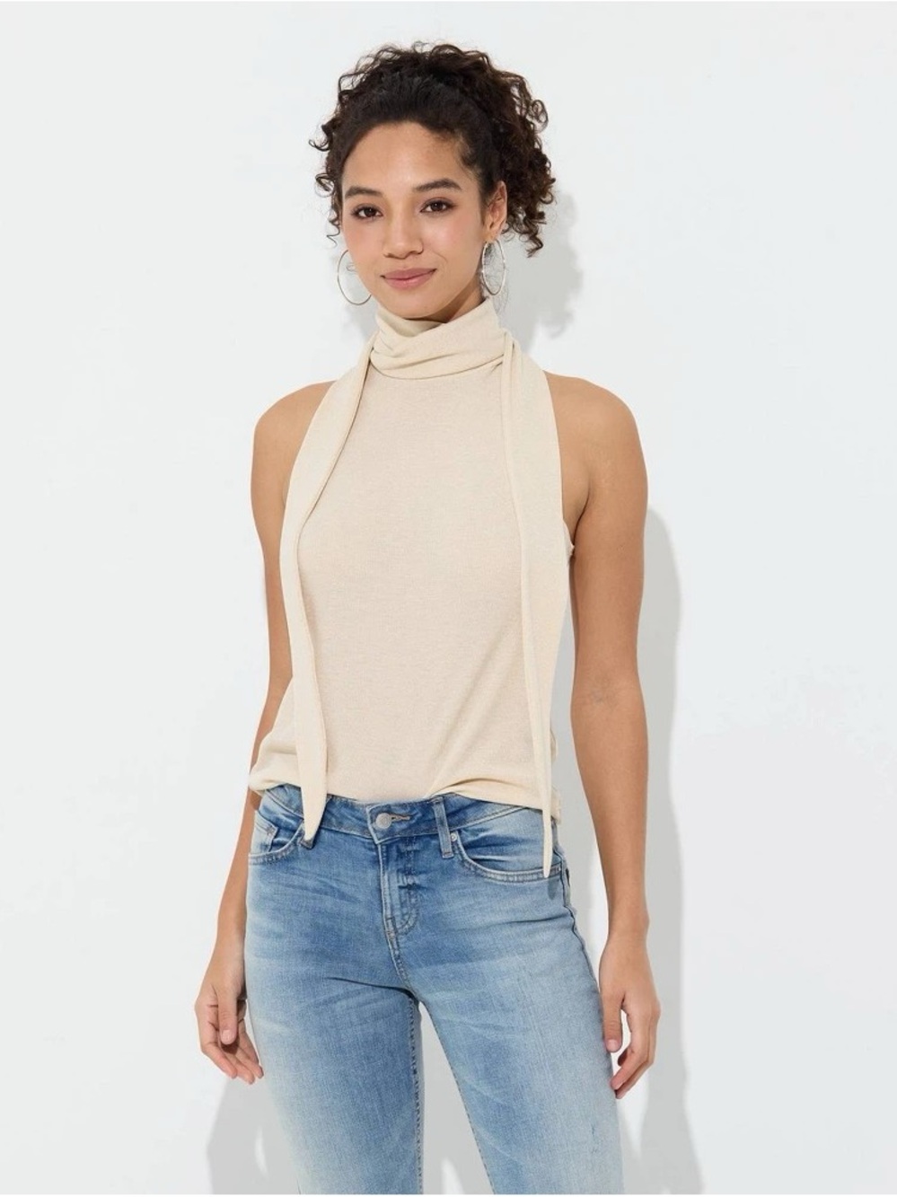wild fable Cream Sleeveless Turtleneck with Scarf Detail b270